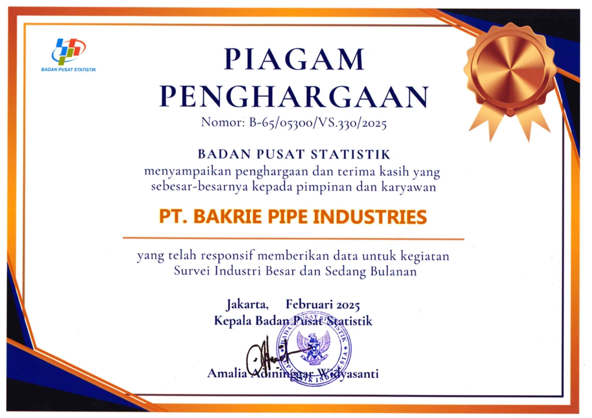 PT Bakrie Pipe Industries (BPI) Receives an Award from Statistics Indonesia (BPS)