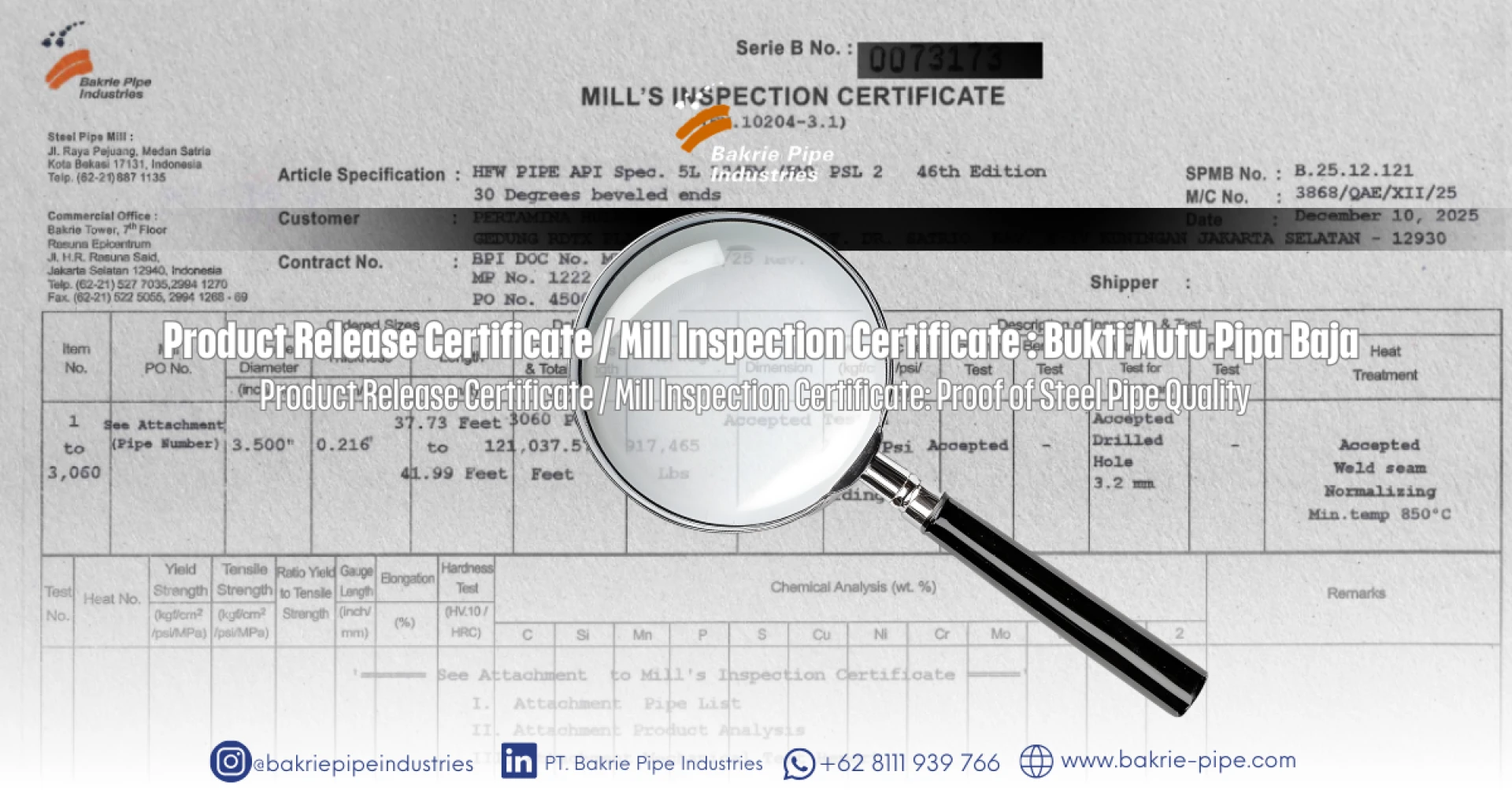 Product Release Certificate / Mill Inspection Certificate: Proof of Steel Pipe Quality